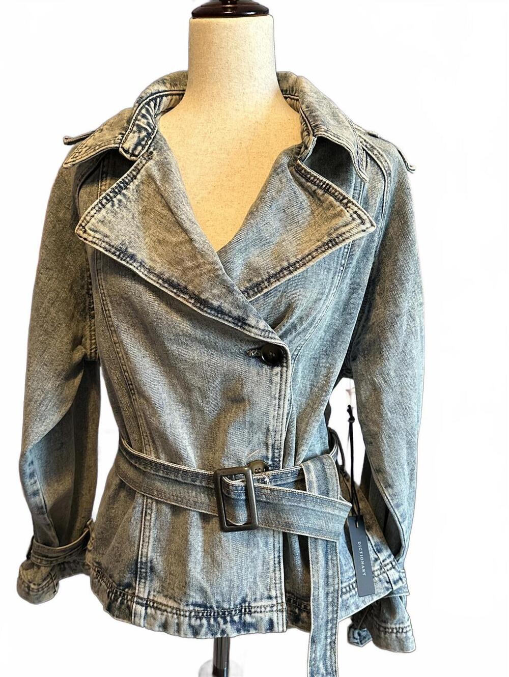 DICTIONARY Vintage Y2K Acid Wash Belted Denim Jacket Coat - Picture 3 of 5